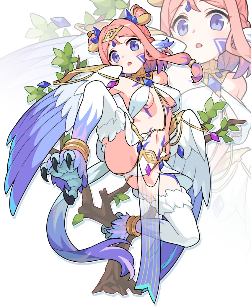 1girl bare_shoulders bimusama bird_legs blush breasts commentary_request commission double_bun facial_mark feathers hair_bun harpy highres long_hair medium_breasts monster_girl multicolored_hair original pelvic_curtain pink_hair purple_eyes purple_feathers purple_hair purple_wings solo talons tiara two-tone_hair two-tone_wings underboob white_background white_feathers wings zoom_layer