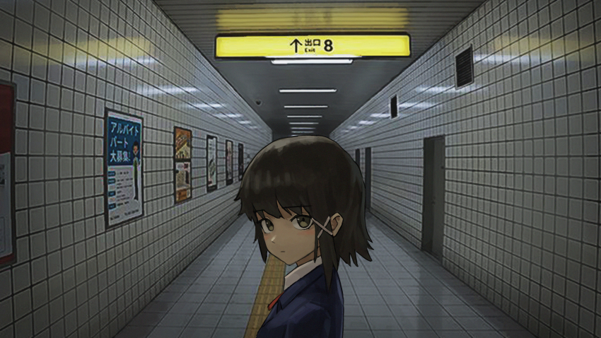 1girl absurdres an_yb asymmetrical_hair blue_jacket brown_eyes closed_mouth collared_shirt commentary_request expressionless from_side hair_ornament highres indoors iwakura_lain jacket looking_at_viewer neckerchief red_neckerchief school_uniform serial_experiments_lain shirt short_hair single_sidelock solo the_exit_8 train_station upper_body white_shirt x_hair_ornament