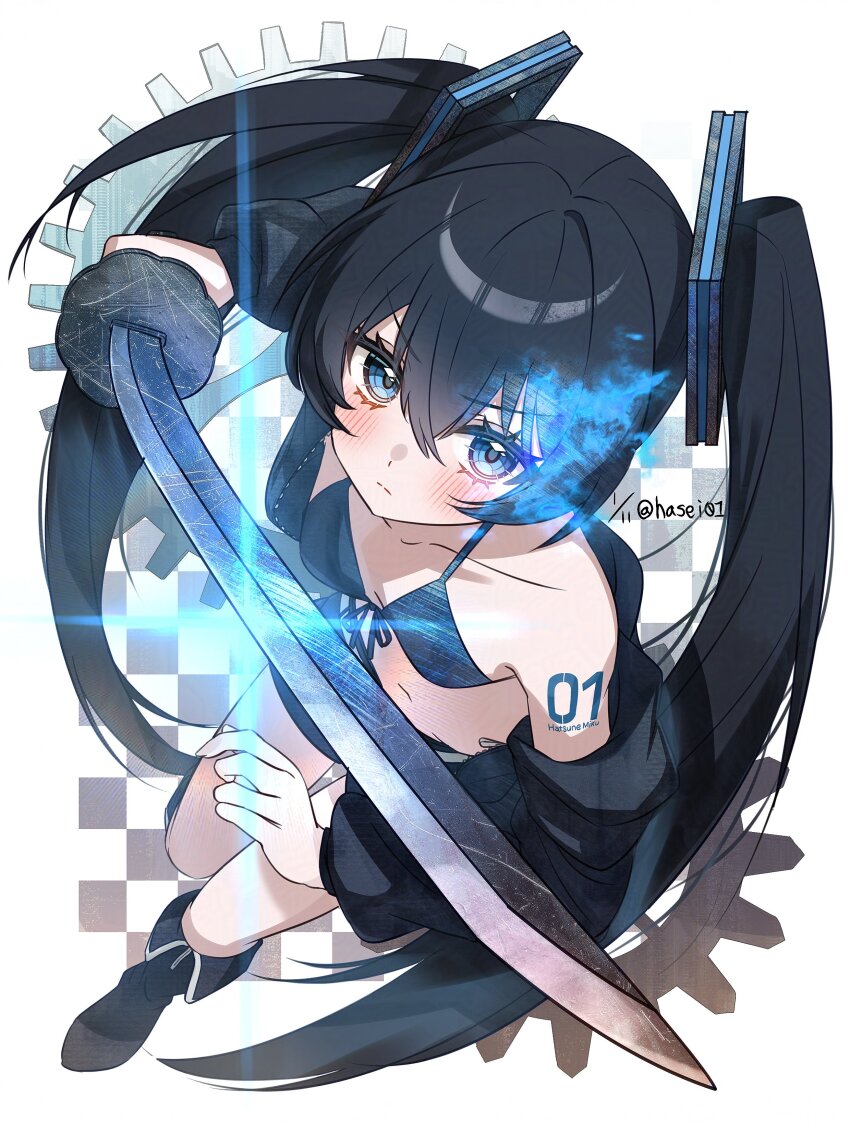1girl absurdres alternate_hairstyle bikini bikini_top_only black_bikini black_footwear black_hair black_jacket black_rock_shooter black_rock_shooter_(character) black_rock_shooter_(character)_(cosplay) blue_eyes blush breasts checkered_background cosplay dated flaming_eye from_above front-tie_bikini_top front-tie_top full_body hair_ornament hasei_(hasei01) hatsune_miku highres holding holding_sword holding_weapon jacket jacket_partially_removed katana long_hair navel shoulder_tattoo small_breasts solo swimsuit sword tattoo twintails twitter_username vocaloid weapon white_background
