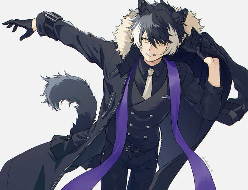 1boy animal_ears black_coat black_gloves black_hair clenched_teeth coat commentary_request dressing fang fur-trimmed_coat fur_trim gloves hair_between_eyes half_gloves holostars jackal_boy jackal_ears jackal_tail kageyama_shien kageyama_shien_(1st_costume) looking_to_the_side male_focus multicolored_hair necktie rozu_ki short_hair solo standing teeth two-tone_hair upper_body virtual_youtuber white_background white_hair white_necktie yellow_eyes