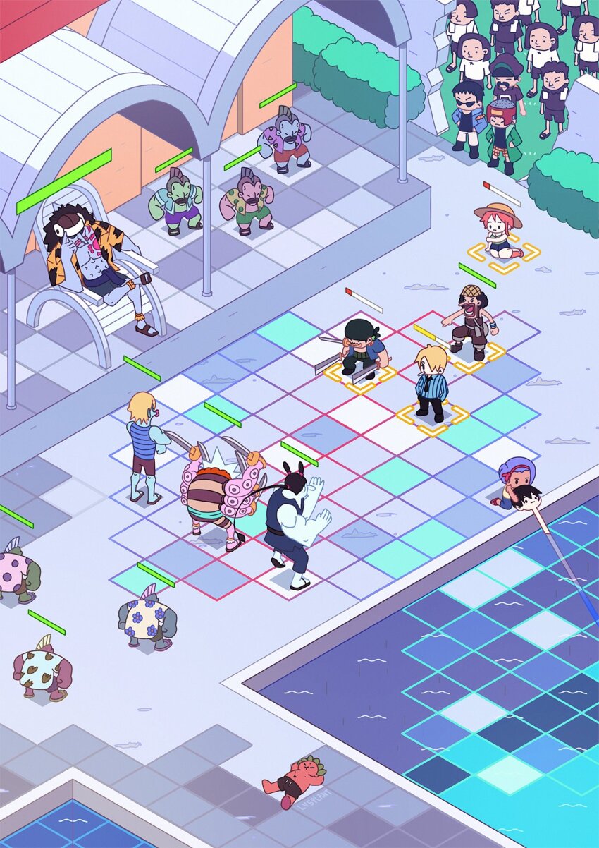 6+boys arlong artist_name bandana baseball_cap black_bandana black_hair blonde_hair blue_hair blue_shirt blue_skin chew_(one_piece) chibi colored_skin commentary gameplay_mechanics genzo_(one_piece) hair_over_one_eye hands_in_pockets hat hatchan health_bar highres isometric johnny_(one_piece) kuroobi_(one_piece) lv5plant monkey_d._luffy multiple_boys nami_(one_piece) nami_(one_piece)_(arlong_park) nojiko_(one_piece) one_piece open_clothes open_shirt orange_hair people roronoa_zoro sandals sanji_(one_piece) shirt siblings sisters sitting straw_hat sunglasses usopp wristband yosaku_(one_piece)
