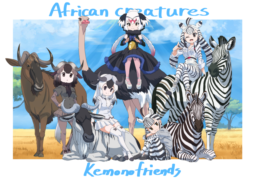 5girls animal animal_ears animal_print belt black_eyes black_hair black_wildebeest_(kemono_friends) blue_wildebeest_(kemono_friends) bow bowtie chapman&#039;s_zebra_(kemono_friends) dress elbow_gloves extra_ears gloves grey_hair hair_ornament horns kemono_friends kemono_friends_3 looking_at_viewer multiple_girls ostrich_(kemono_friends) outdoors pantyhose plains_zebra_(kemono_friends) scarf shirt shoes short_hair shorts skirt sleeveless suspenders tail thighhighs white_hair yamaguchi_yoshimi zebra_ears zebra_girl zebra_print