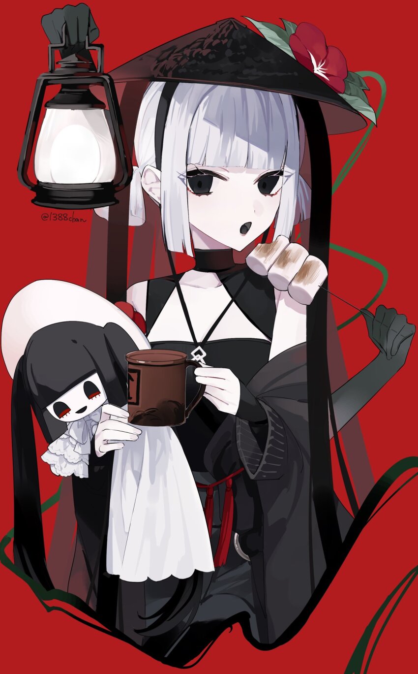 1388chan 1girl :o black_dress black_eyes black_pantyhose black_tongue blunt_bangs chaldea_logo character_doll colored_skin cup disembodied_hand dress eating fate/grand_order fate_(series) feeding flower ghost_hands hat hat_flower highres holding holding_cup holding_lantern jacket jingasa komahime_(fate) lantern looking_at_viewer official_alternate_costume open_mouth pants pantyhose roasted_marshmallow sen_no_rikyu_(fate) short_hair shorts sidelocks smile solo toeless_legwear unworn_jacket white_hair white_skin wide_sleeves