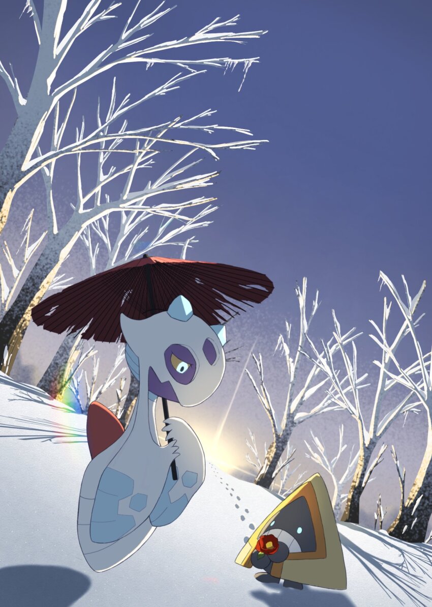 1girl back_bow bare_tree black_skin blue_eyes bow clenched_teeth closed_eyes closed_mouth coat colored_sclera colored_skin evolutionary_line flower footprints froslass gen_3_pokemon gen_4_pokemon head_arms highres holding holding_flower holding_umbrella horns ice ice_horns icicle looking_down mother_and_child mri_361 nintendo no_humans obi parasol parent_and_child pokemon pokemon_(creature) purple_skin red_flower red_sash red_umbrella sash snorunt snow solid_oval_eyes sunlight sunset teeth torn_umbrella tree umbrella white_skin winter yellow_sclera