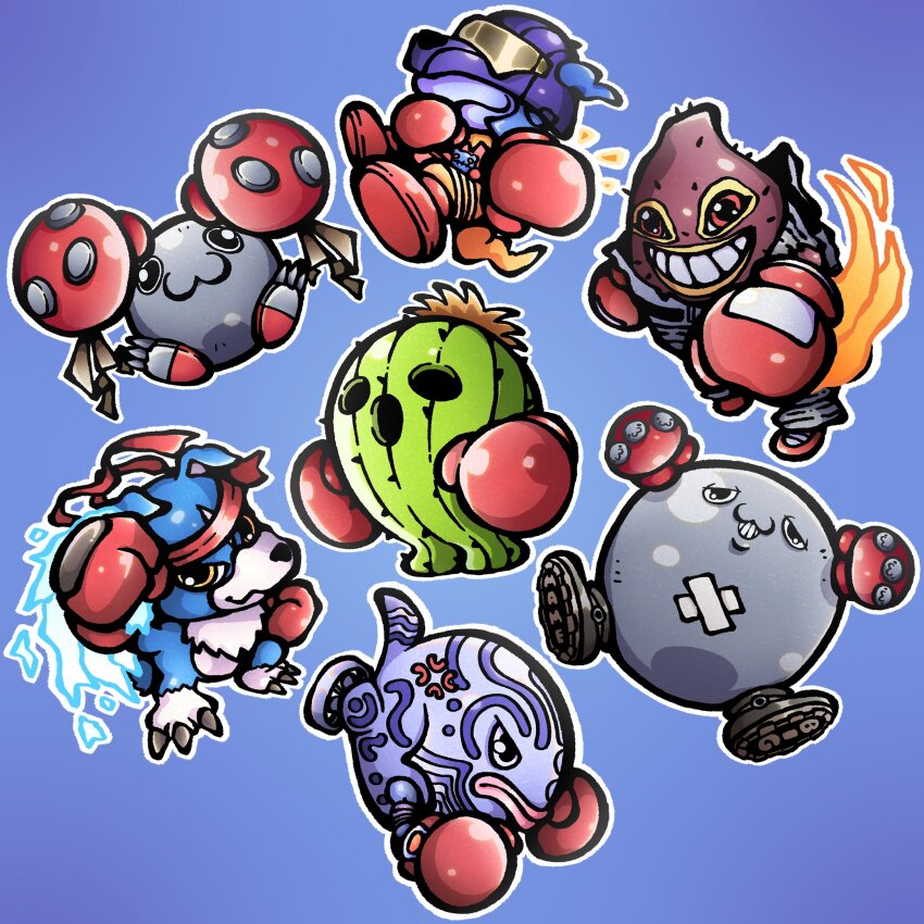 absurdres bigmamemon boxing_gloves cactus digimon digimon_(creature) gaomon highres kangarumon mamemon manbomon plant spines togemon yakiimon