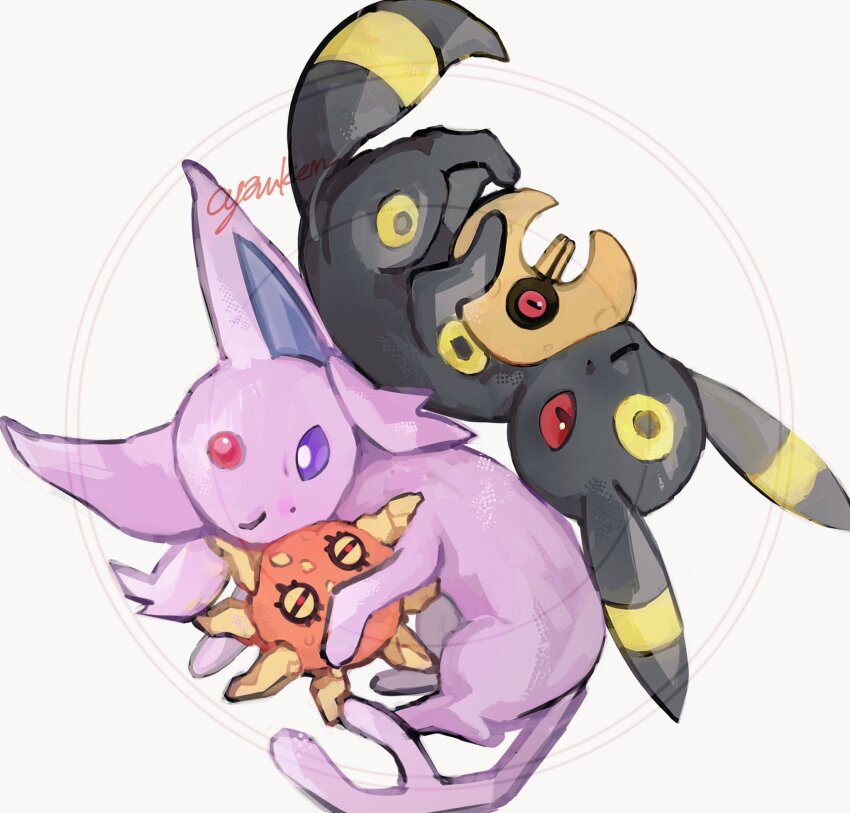 animal_focus animal_hands black_fur black_sclera colored_sclera cyauken_(ouahloup) espeon facial_mark forehead_jewel forehead_mark forked_tail full_body game_freak gem gen_2_pokemon gen_3_pokemon highres looking_at_viewer lunatone nintendo no_humans one_eye_closed pokemon pokemon_(creature) purple_eyes purple_fur red_eyes red_gemstone simple_background solrock tail umbreon white_background yellow_fur