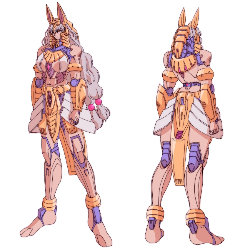 1girl abs absurdres ancient_egyptian android arms_at_sides breasts commission dark-skinned_female dark_skin from_behind grey_hair highres joints koube_masahiko large_breasts long_hair low-tied_long_hair multiple_views orange_eyes original pixiv_commission robot_joints shendyt standing vambraces very_long_hair white_background