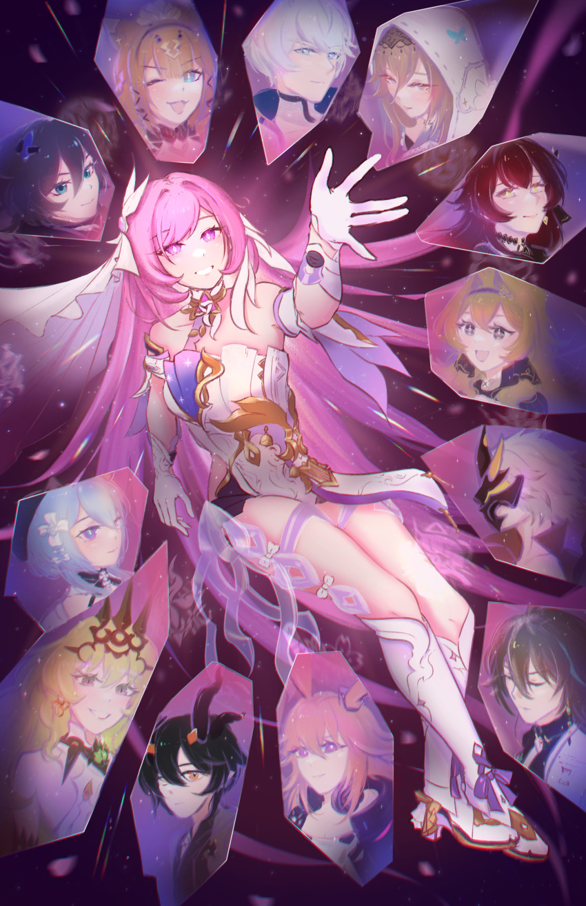 1girl absurdres aponia aqxin black_shorts breasts commentary corset crystal_shards diamond-shaped_pupils diamond_(shape) eden_(honkai_impact) elysia_(herrscher_of_human:_ego)_(honkai_impact) elysia_(honkai_impact) english_commentary fu_hua gloves griseo griseo_(starry_impression) highres honkai_(series) honkai_impact_3rd kalpas_(honkai_impact) kevin_kaslana kosma long_hair mobius_(honkai_impact) pardofelis pink_hair purple_eyes shorts signet_of_bodhi signet_of_daybreak signet_of_decimation signet_of_deliverance signet_of_discipline signet_of_ego signet_of_gold signet_of_helix signet_of_reverie signet_of_setsuna signet_of_stars sky smile solo star_(sky) starry_sky su_(honkai_impact) symbol-shaped_pupils thighs thirteen_flame-chasers_(honkai_impact) triquetra veil very_long_hair vill-v white_corset white_gloves white_veil yae_sakura yae_sakura_(goushinnso_memento)