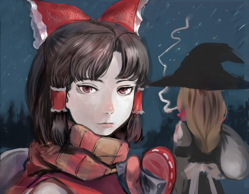 2girls bad_id bad_nicoseiga_id benikurage_(cookie) black_dress black_headwear blonde_hair bow brown_eyes brown_hair cigarette closed_mouth cookie_(touhou) dress frilled_bow frilled_hair_tubes frills fumei_unknown hair_bow hair_tubes hakurei_reimu hat kirisame_marisa long_hair looking_at_viewer mars_(cookie) medium_hair mittens multiple_girls orange_scarf outdoors parted_bangs red_bow red_mittens scarf smoking snow snowing striped_clothes striped_scarf touhou upper_body witch_hat yellow_scarf