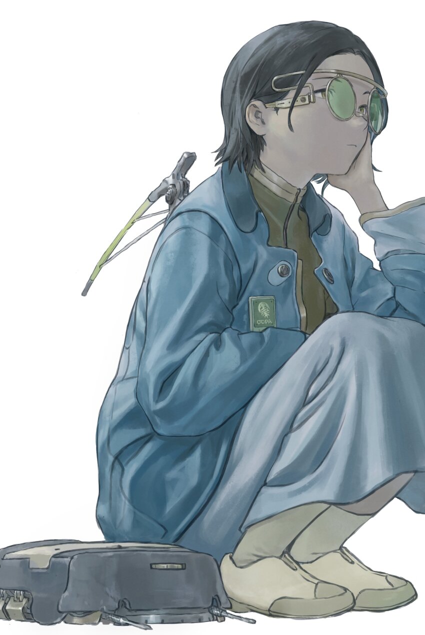 1girl absurdres black_hair blue_jacket blue_skirt chenrong96 closed_mouth collared_jacket expressionless glasses grey_footwear grey_socks hand_up highres jacket long_sleeves open_clothes open_jacket original short_hair simple_background skirt socks squatting white_background