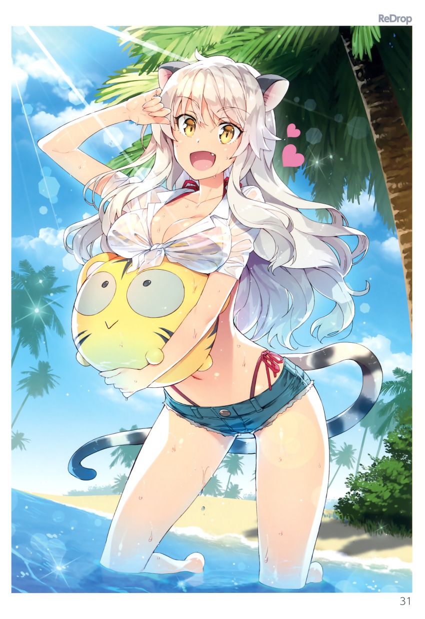 1girl :d absurdres animal_ears ball beach beachball bikini bikini_pull bikini_tan blush breast_rest breasts cat_ears cat_tail cleavage clothes_pull comic_toranoana cutoffs day fang female_focus front-tie_top heart highleg highleg_bikini highres kneeling kotora_(toranoana) leaning_forward lens_flare long_hair medium_breasts navel open_mouth outdoors partially_submerged redrop scan see-through_clothes shirt short_shorts shorts shorts_pull side-tie_bikini_bottom sidelocks silver_hair smile solo sparkle sunlight swimsuit tail tan tanline tied_shirt tiger_ears tiger_tail toranoana wading wet wet_clothes wet_hair wet_shirt yellow_eyes