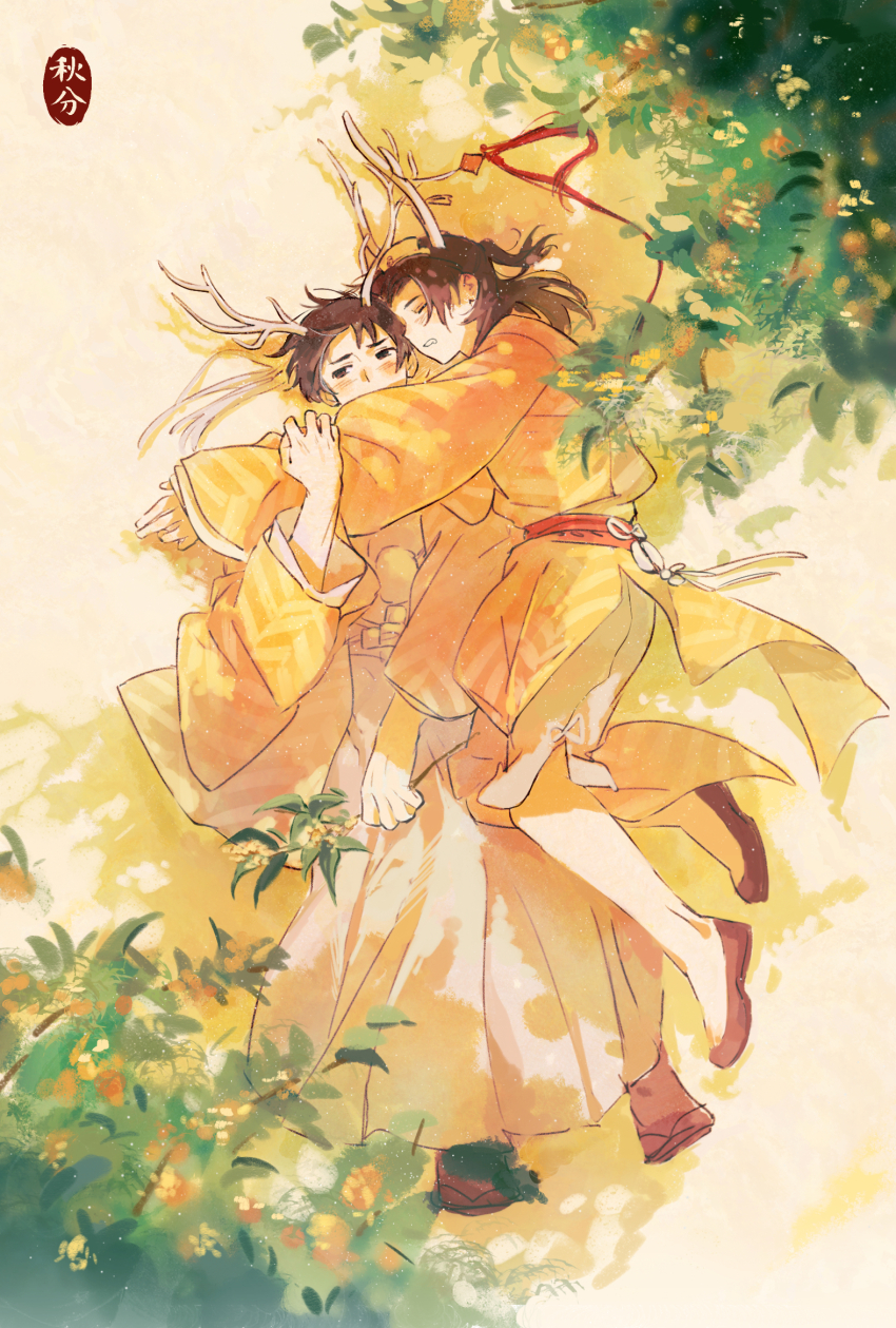 2boys antlers axis_powers_hetalia belt blunt_ends blush brown_eyes brown_footwear brown_hair china_(hetalia) chinese_clothes closed_eyes commentary_request covered_mouth drooling flower grabbing_another&#039;s_arm haori highres horns hug japan_(hetalia) japanese_clothes kimono leaf long_hair long_sleeves looking_afar lying multiple_boys on_back on_side open_mouth orange_flower outdoors red_belt ribbon sayagata shadow shirt shoes short_hair shorts shy sleeping tea_(candyfoxx) white_kimono white_ribbon white_shorts wide_sleeves yaoi yellow_shirt