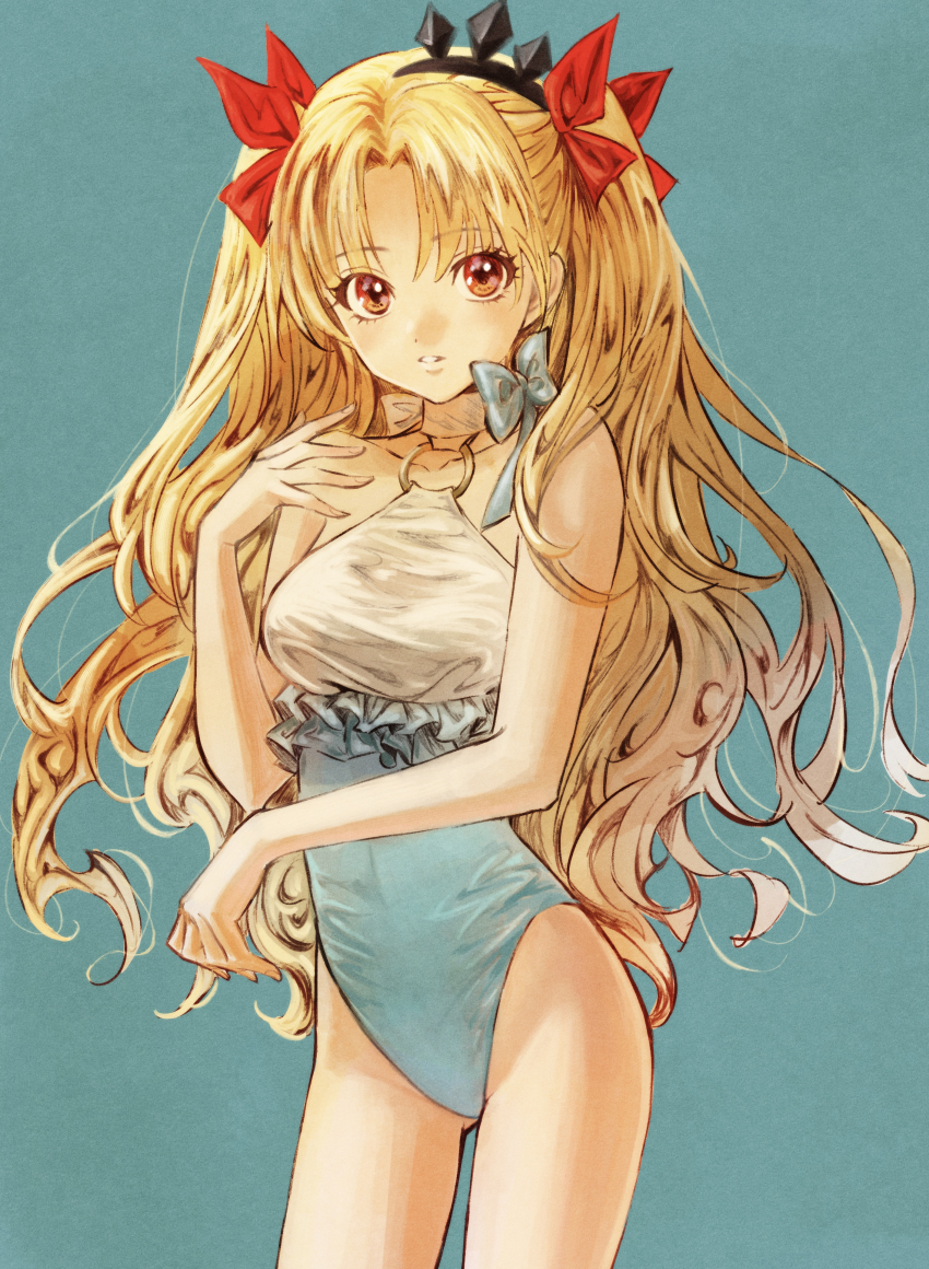 1girl absurdres bare_shoulders black_tiara blonde_hair curtained_hair edaori ereshkigal_(fate) fate/grand_order fate_(series) frilled_one-piece_swimsuit frills hair_ribbon headpiece highres long_hair looking_at_viewer one-piece_swimsuit parted_bangs red_eyes ribbon solo space_ereshkigal_(fate) space_ereshkigal_(first_ascension)_(fate) swimsuit thighs tiara two-tone_one-piece_swimsuit two-tone_swimsuit two_side_up