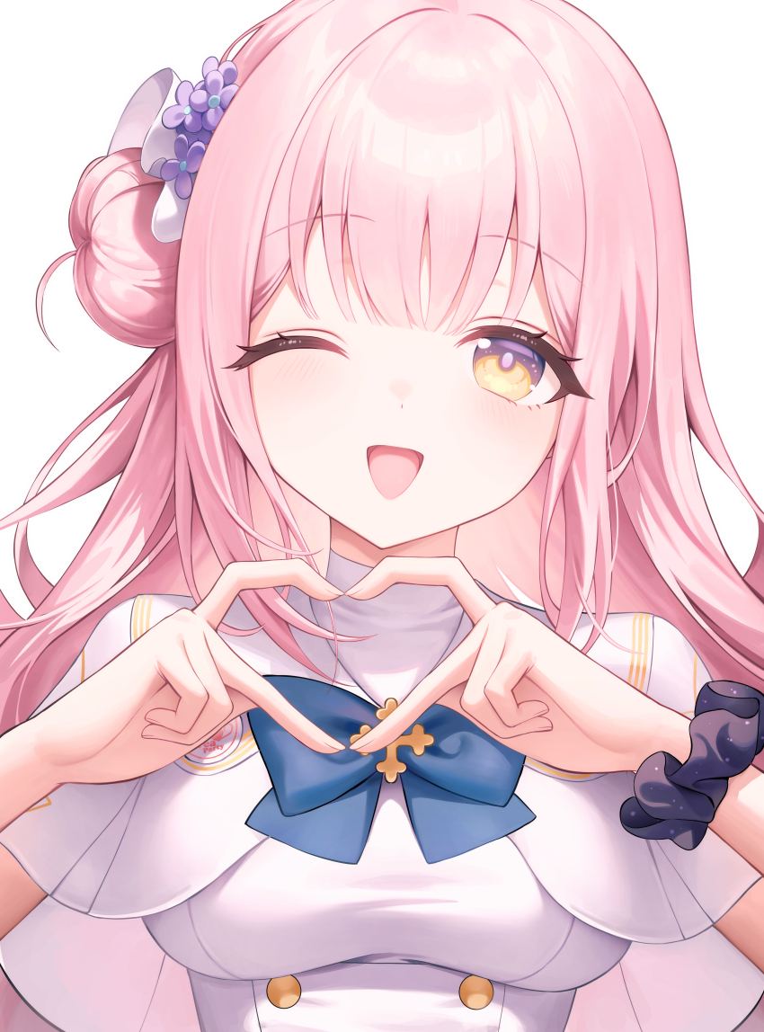 1girl ;d absurdres black_scrunchie blue_archive blue_bow blush bow breasts capelet commentary cross dress fingernails flower hair_bun hair_flower hair_ornament hair_ribbon halo highres large_breasts lie_07 looking_at_viewer mika_(blue_archive) one_eye_closed open_mouth pink_hair pink_halo print_scrunchie purple_flower ribbon scrunchie simple_background single_side_bun smile solo starry_sky_print white_background white_capelet white_dress white_ribbon wrist_scrunchie yellow_eyes