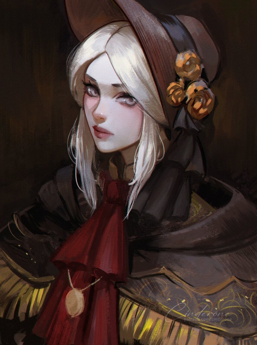 1girl ascot bloodborne bonnet cinderone closed_mouth dress flower grey_eyes hat highres joints long_hair looking_at_viewer plain_doll red_ascot simple_background solo white_hair
