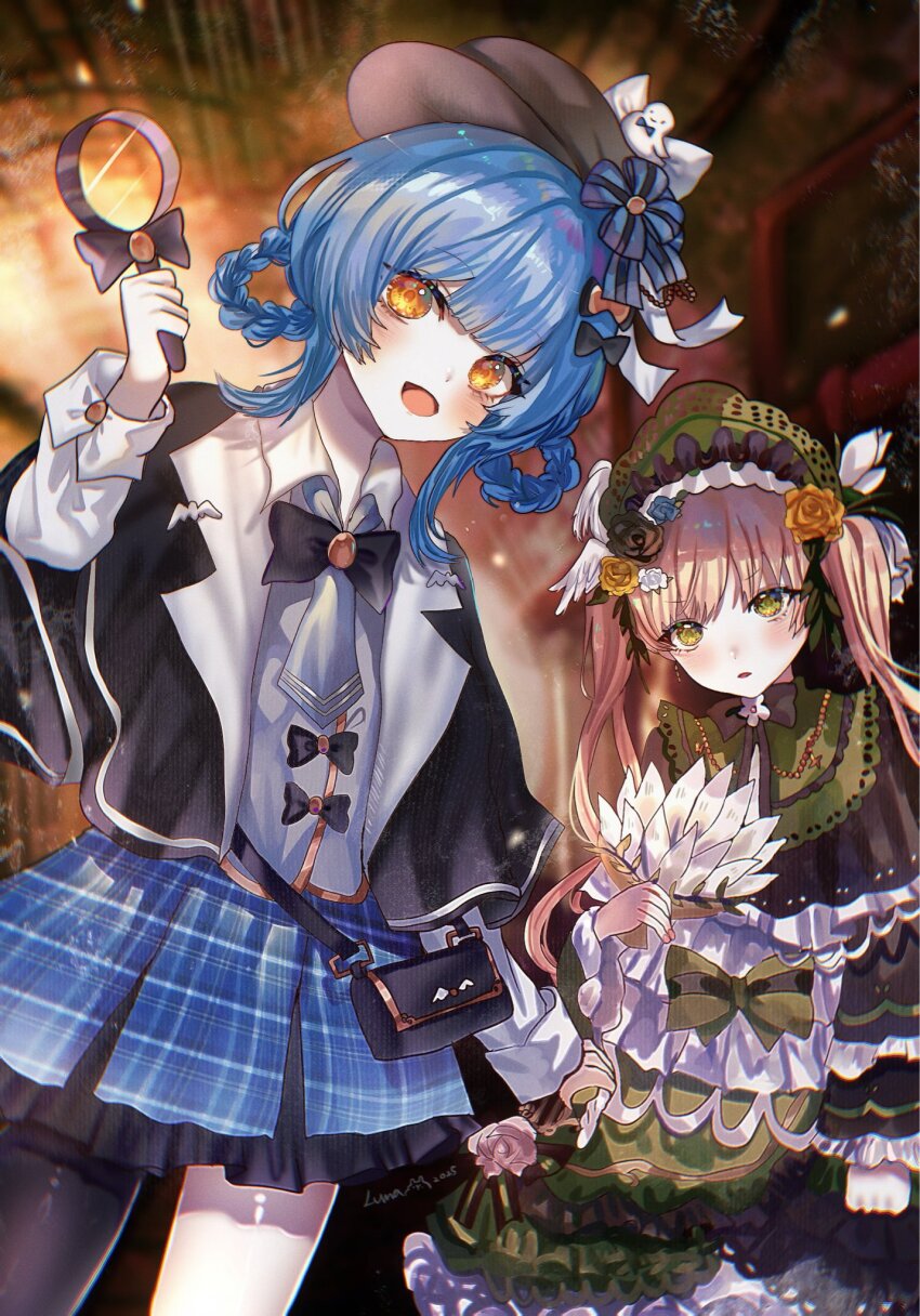 2girls :d asymmetrical_legwear black_bag black_capelet black_hat black_pantyhose blonde_hair blue_hair blue_skirt braid braided_hair_rings capelet cowboy_shot deerstalker dress flower frilled_dress frilled_skirt frilled_sleeves frills green_bonnet green_dress green_eyes hair_rings hand_fan hand_up hashtag-only_commentary hat highres holding holding_fan holding_magnifying_glass lolita_fashion long_hair long_sleeves looking_at_viewer luma0130 magnifying_glass mahou_shoujo_no_majo_saiban multiple_girls open_mouth pantyhose plaid_clothes plaid_skirt pleated_skirt rose short_hair skirt smile standing tachibana_sherry tono_hanna twintails yellow_eyes yellow_flower yellow_rose