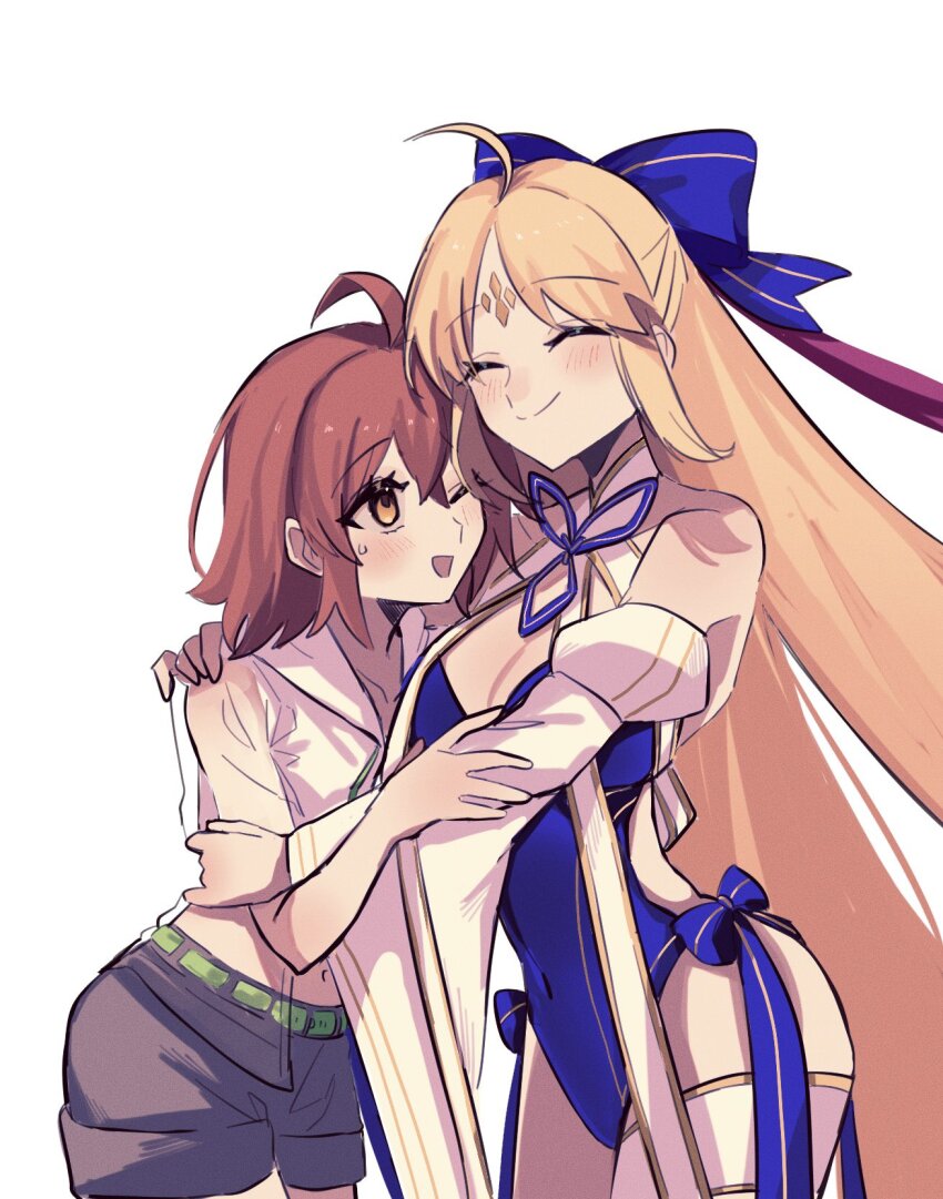 2girls 710_ao ahoge artoria_caster_(fate) artoria_caster_(swimsuit)_(fate) artoria_caster_(swimsuit)_(third_ascension)_(fate) artoria_caster_(swimsuit_berserker)_(fate) artoria_caster_(swimsuit_berserker)_(third_ascension)_(fate) artoria_pendragon_(fate) blonde_hair blue_one-piece_swimsuit closed_eyes covered_navel facial_mark fate/grand_order fate_(series) forehead_mark fujimaru_ritsuka_(female) fujimaru_ritsuka_(female)_(summer_street) grey_shorts highres hug long_hair midriff multiple_girls one-piece_swimsuit one_eye_closed orange_eyes orange_hair shorts smile swimsuit white_background