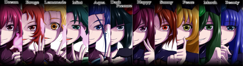 00s 10s 6+girls absurdres bad_end_beauty bad_end_happy bad_end_march bad_end_peace bad_end_precure bad_end_sunny black_eyes black_gloves black_hair black_neckwear blonde_hair blue_eyes blue_hair bodysuit bug butterfly character_name dark_aqua dark_cure_(yes!_precure_5) dark_dream dark_lemonade dark_mint dark_persona dark_precure dark_rouge fingerless_gloves gloves green_eyes green_hair heartcatch_precure! highres insect long_hair long_image multiple_girls nishi_koutarou orange_hair pink_eyes pink_hair precure precure_all_stars rainbow_order red_eyes red_hair short_hair smile_precure! wide_image yellow_eyes yes!_precure_5