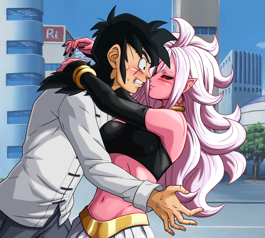 1boy 1girl absurdres android_21 arms_around_another&#039;s_neck black_nails blush colored_skin commission commissioner_upload dragon_ball dragon_ball_fighterz dragon_ball_super earrings highres jewelry long_hair majin_android_21 oscar_r pink_skin red_eyes scar scar_on_face scared seductive_gaze seductive_smile smile sweatdrop tank_top white_hair yamcha