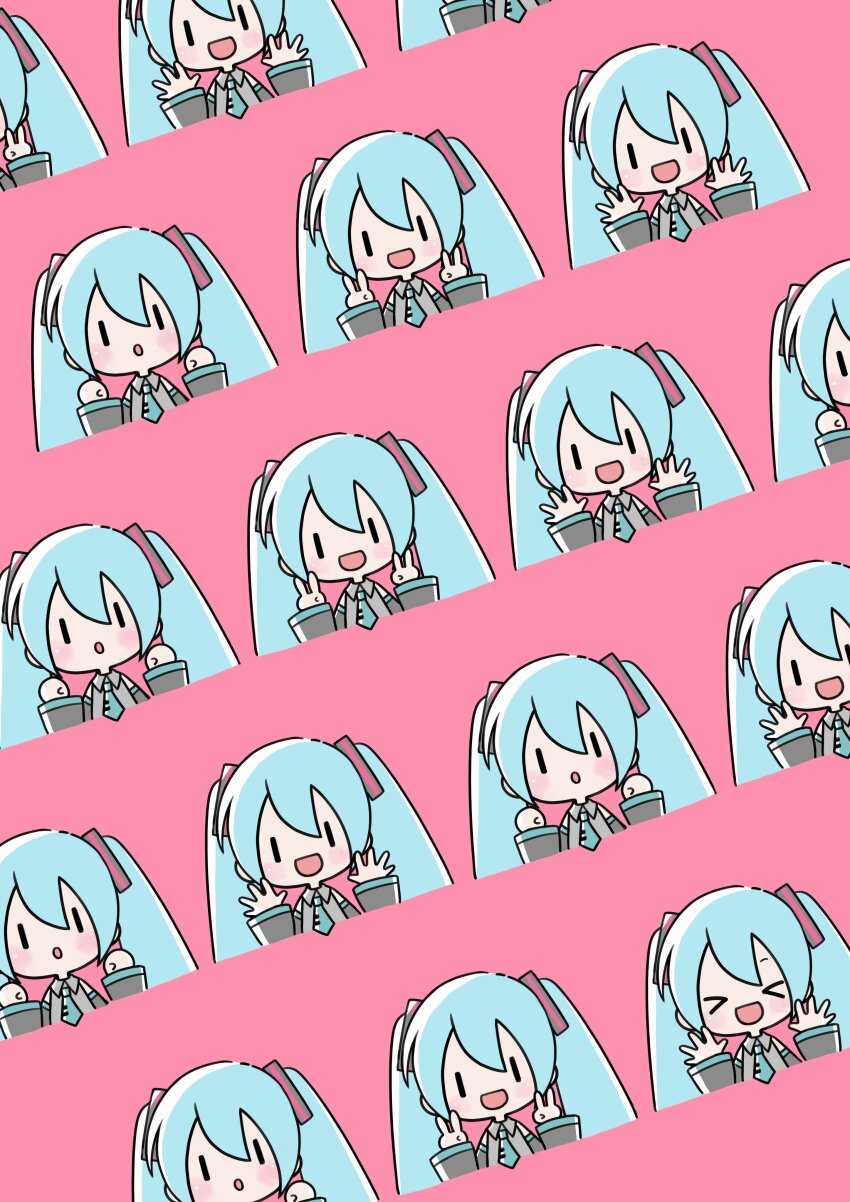 1girl absurdres ai_no_uta_(vocaloid) black_sleeves blue_eyes blue_hair blue_necktie detached_sleeves double_v grey_shirt hatsune_miku highres long_hair multiple_views nagitofuu necktie shirt sleeveless sleeveless_shirt smile twintails v very_long_hair vocaloid