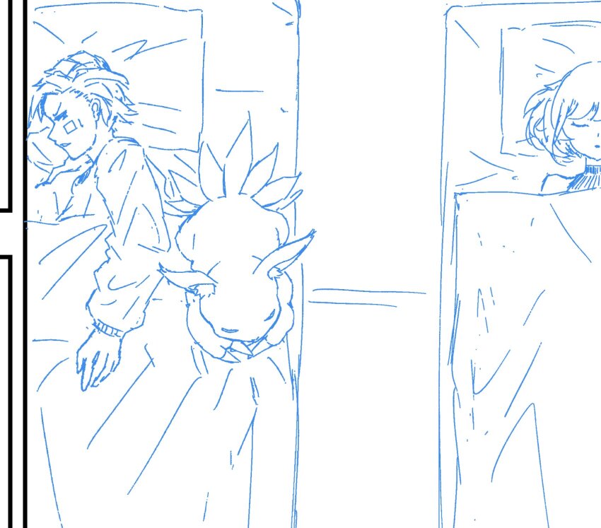 1boy 1girl digimon digimon_(creature) digimon_paradox elecmon eve_(digimon) highres looking_at_another pajamas shinonome_reiji sleeping