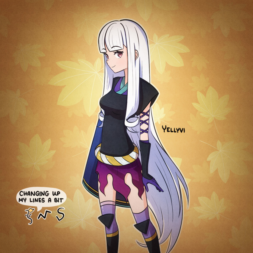 1girl black_shirt gloves highres japanese_clothes katanagatari long_hair red_eyes shirt smile thighhighs togame very_long_hair white_hair yellyvi