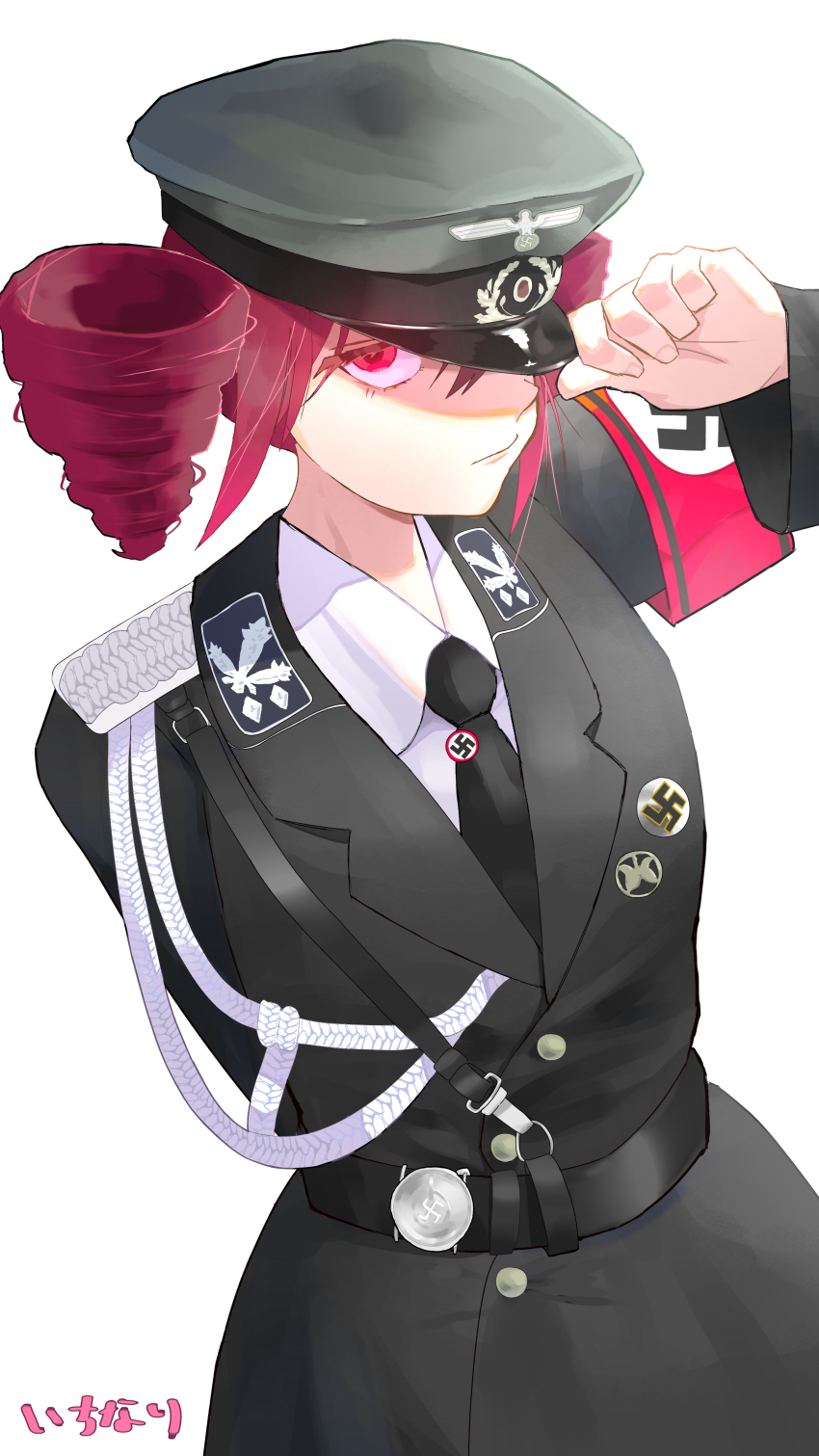 1girl absurdres armband baba_yu_taka collar_tabs cuff_title drill_hair german_army germany hand_on_headwear highres jacket kasane_teto looking_at_viewer military_dress_uniform military_jacket military_uniform nazi nazi_flag nazi_party_pin red_armband red_eyes red_hair reichsadler ribbon_bar simple_background solo ss_uniform swastika synthesizer_v twin_drills vocaloid waffen-ss white_background world_war_ii
