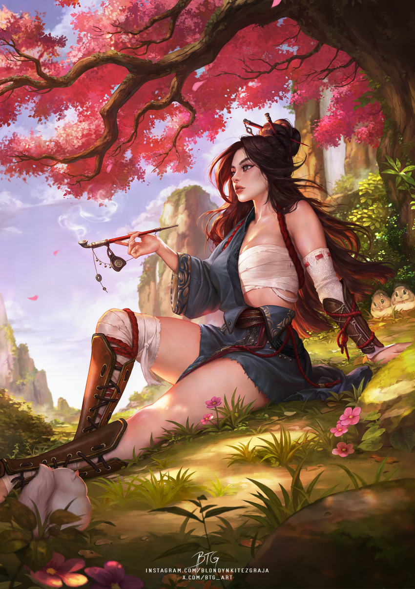 1girl blondynkitezgraja brown_hair cherry_blossoms day grey_kimono hair_bun hair_ornament hairpin highres japanese_clothes kimono kiseru long_hair nature original outdoors parted_lips realistic sarashi shin_guards sitting smoking_pipe solo thighs tree under_tree