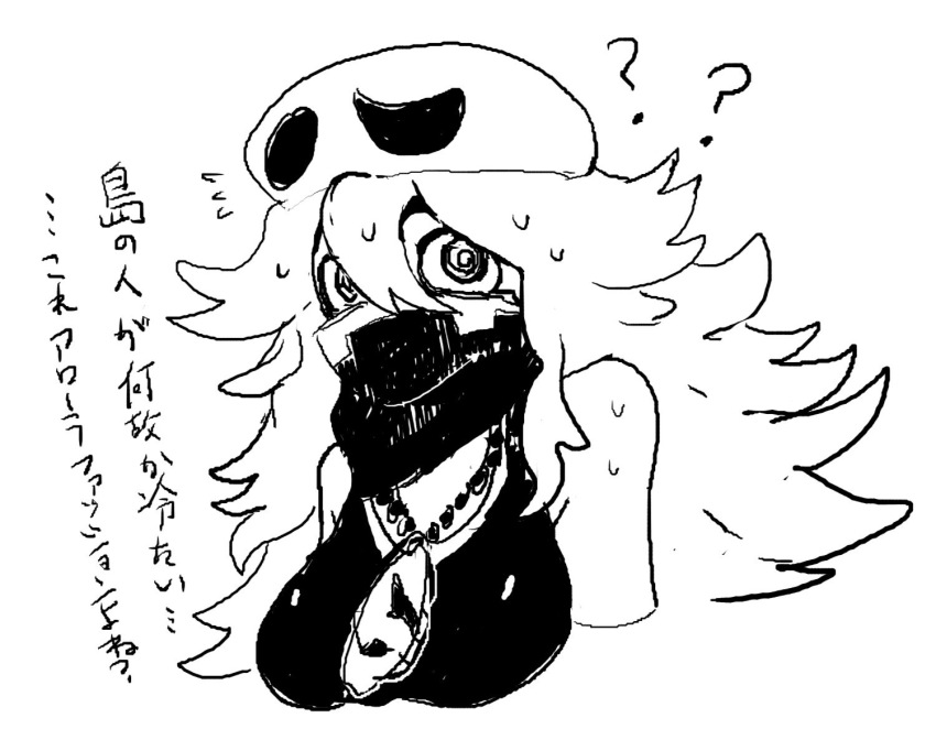 1girl breasts cosplay female_focus hat hex_maniac_(pokemon) monochrome nintendo npc_trainer pokemon pokemon_sm pokemon_xy primavera_maru solo tagme team_skull team_skull_grunt team_skull_grunt_(cosplay) upper_body white_background