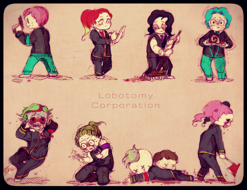 4girls 5boys aqua_armband aqua_pants armband asymmetrical_hair axe black_border black_eyes black_hair black_jacket black_pants black_suit black_vest blazer blood blood_drip blood_on_face bloody_weapon blue_hair blue_necktie border brown_background brown_hair buttons cake clenched_teeth closed_mouth collared_shirt colored_sclera colored_tips copyright_name corpse crazy crying crying_with_eyes_open drooling employee_(project_moon) evil_grin evil_smile expressionless eyelashes eyeshadow floating_neckwear food forehead formal_clothes from_behind from_side full_body furrowed_brow green_hair grey_hair grin gun handgun hands_on_own_head highres holding holding_axe holding_food holding_gun holding_mop holding_paper holding_pencil holding_plate holding_weapon jacket kneeling layered light_blush light_frown lobotomy_corporation long_hair long_sleeves looking_at_object lying makeup messy_hair mop multicolored_hair multiple_boys multiple_girls necktie nervous_sweating nugget_(project_moon) on_stomach panicking pants paper paper_stack parted_lips pencil plate pool_of_blood project_moon purple_necktie red_eyeshadow red_footwear red_hair red_necktie red_sclera saliva scared shadow shirt shoes short_hair short_twintails signature smile sparkle standing streaked_hair suit sweat sweeping swiss_roll tears teeth temari_momiji trembling turn_pale twintails v-neck very_short_hair vest wavy_hair weapon white_footwear white_shirt wide-eyed writing x_x