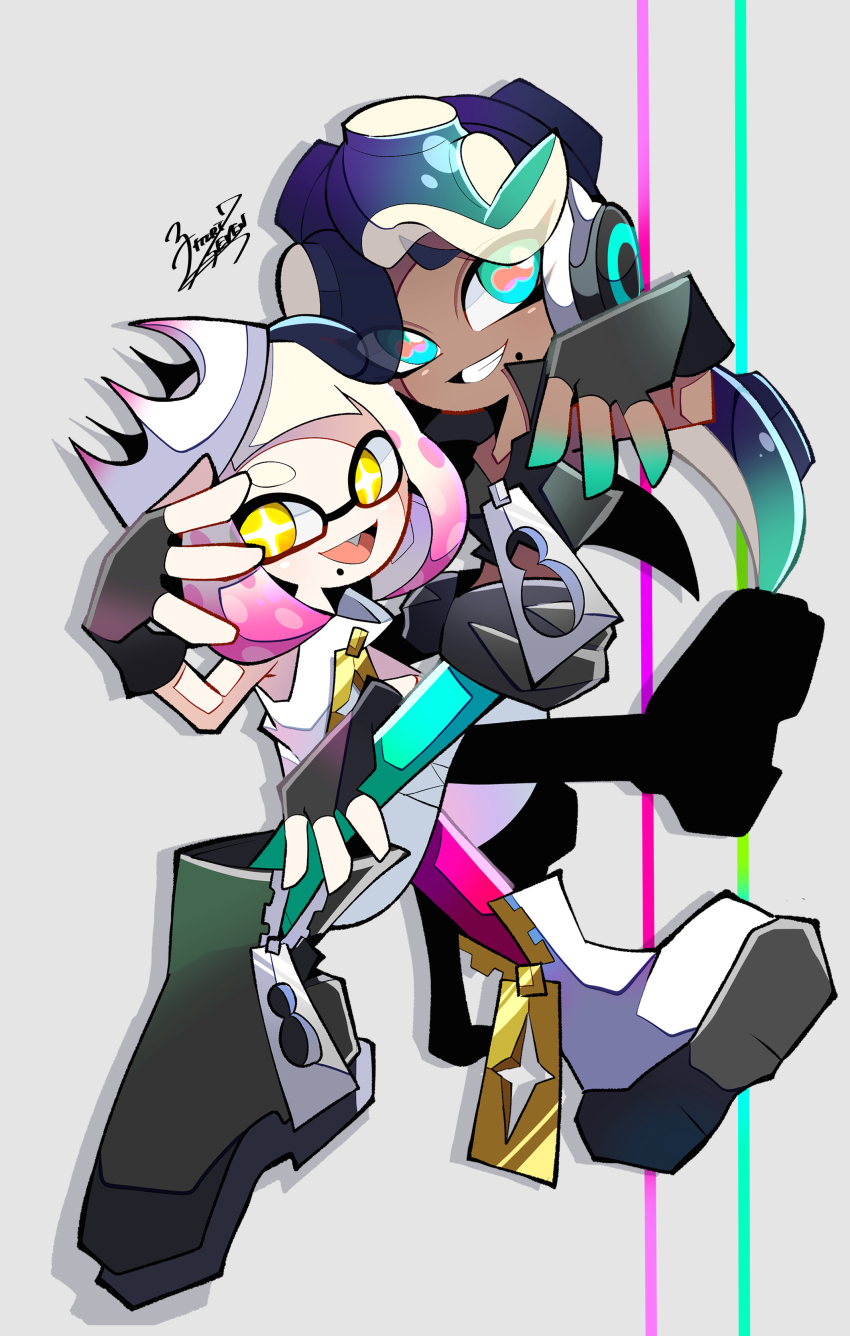 absurdres black_hair breasts cephalopod_eyes crop_top dark-skinned_female dark_skin fingerless_gloves gloves gradient_hair green_eyes headphones highres inkling long_hair looking_at_viewer marina_(off_the_hook_outfit)_(splatoon) marina_(splatoon) mole mole_under_mouth multicolored_hair multiple_girls nintendo octoling open_mouth pearl_(off_the_hook_outfit)_(splatoon) pearl_(splatoon) smile splatoon_(series) splatoon_2 suction_cups tentacle_hair yuyu_maybe