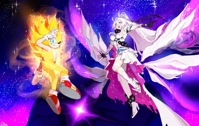 1boy 1girl ankle_flower black_flower blue_eyes cloud_ya colored_extremities commentary crossover dress dress_flower english_commentary finger_gun flower flying full_body furry furry_male gloves hedgehog_boy high_heels high_ponytail highres honkai_(series) honkai_impact_3rd kiana_kaslana kiana_kaslana_(herrscher_of_finality) long_hair neck_flower open_mouth ponytail purple_hands red_shoes salute shoes smile sonic_(series) sonic_the_hedgehog star_(sky) super_sonic very_long_hair white_dress white_gloves white_hair white_shoes yellow_fur