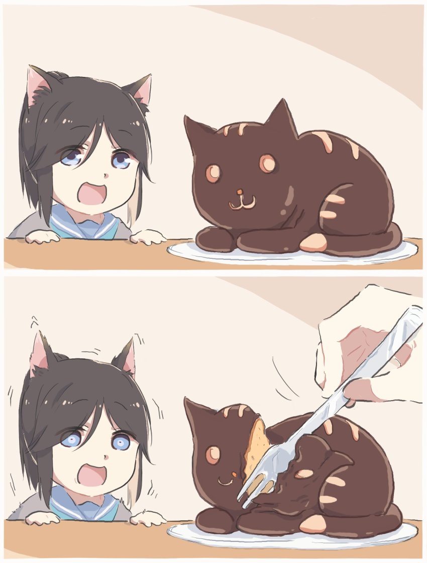 1girl animal_ears blue_eyes cake chibi commentary_request food fork hibike!_euphonium highres horrified illusion_cake kasaki_nozomi kemonomimi_mode liz_to_aoi_tori lyy meme plate school_uniform serafuku surprised tareme
