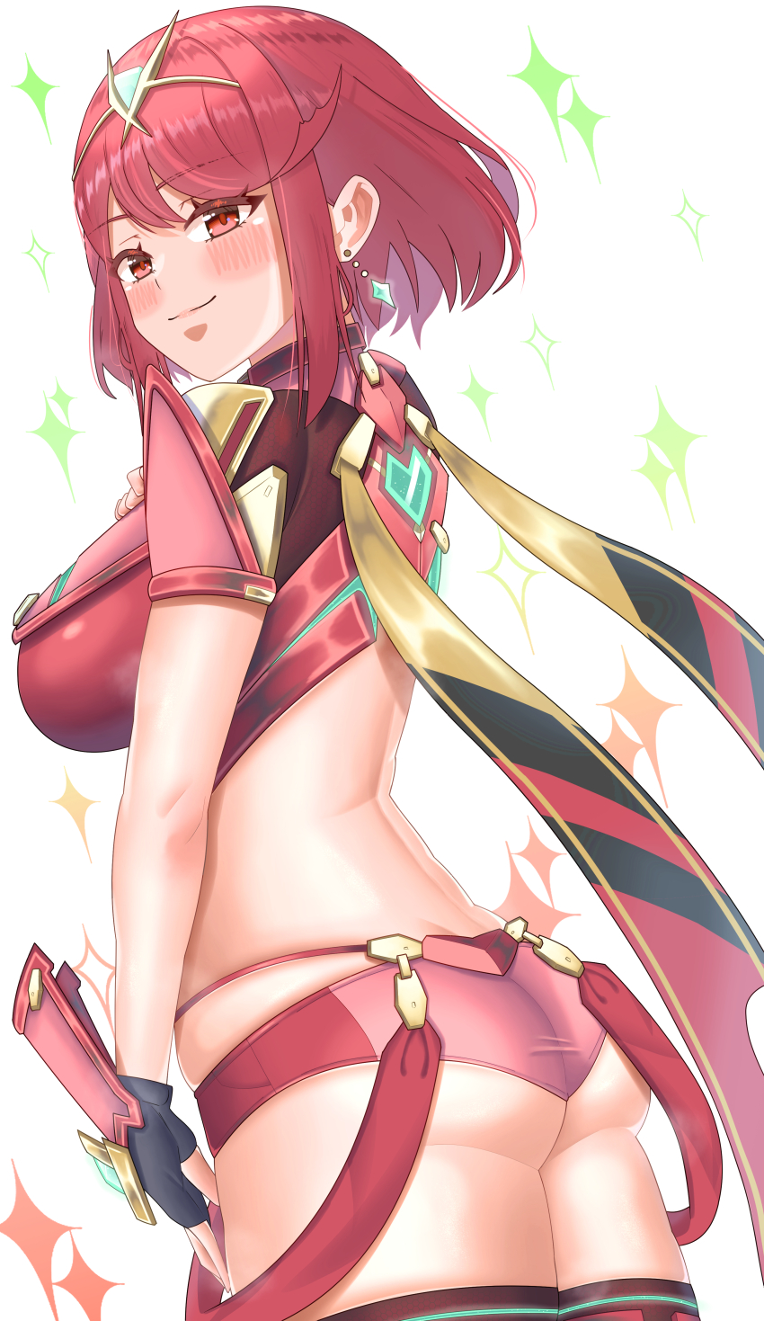 1girl absurdres ass back black_gloves blush bob_cut breasts closed_mouth commentary_request gloves highres large_breasts median_furrow medium_hair meipasuye pyra_(xenoblade) red_eyes red_hair sidelocks smile solo sparkle standing swept_bangs tiara white_background xenoblade_chronicles_(series) xenoblade_chronicles_2