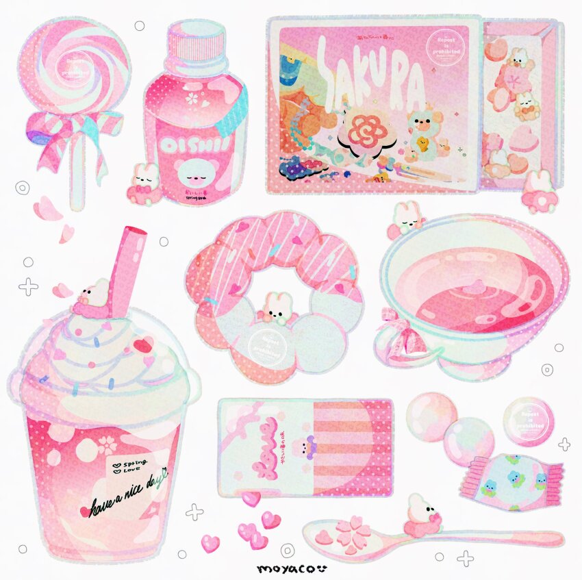 artist_name candy commentary commentary_request cup food food_packaging heart highres lollipop milkshake moyaco mug no_humans original pink_theme scrunchie signature simple_background solid_circle_eyes solid_eyes spoon tea teacup white_background