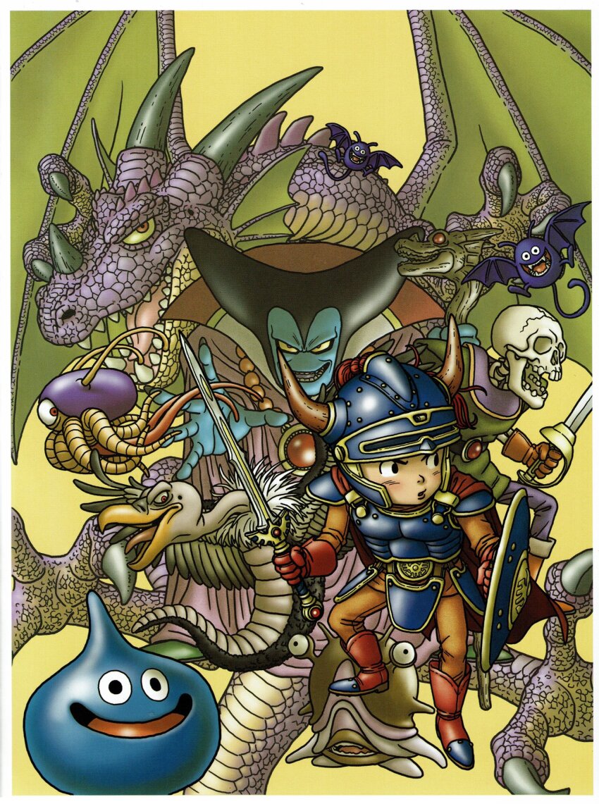 2boys 6+others anniversary antennae armor artist_request black_eyes black_nails blue_armor blue_skin bodysuit boots border cape check_artist chimaera_(dragon_quest) colored_sclera colored_skin creature_request dracky dragon dragon_lord dragon_quest dragon_quest_i dual_persona erdrick&#039;s_sword fake_horns fangs fingernails fins floating_cape gloves head_fins helmet hero_(dq1) highres holding holding_shield holding_staff holding_sword holding_weapon horned_helmet horns jewelry looking_at_viewer looking_to_the_side male_focus multiple_boys multiple_others necklace nose_horn official_art open_mouth orange_bodysuit purple_robe purple_scales red_cape red_eyes red_gloves robe sharp_fingernails shield skeleton_(dragon_quest) slime_(dragon_quest) staff sword third-party_source toriyama_akira weapon white_border wings yellow_sclera