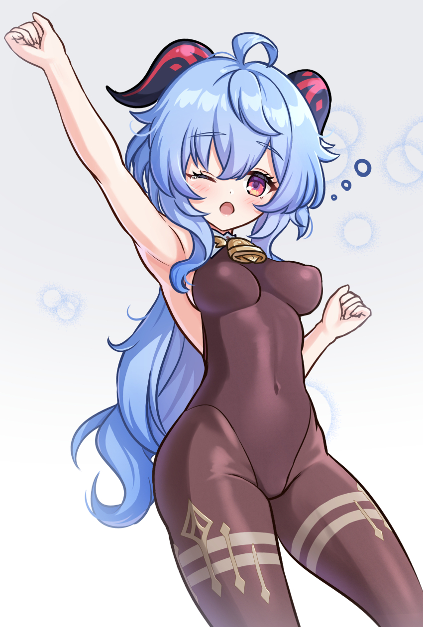 1girl ahoge arm_up bare_shoulders bell black_leotard black_pantyhose blue_hair blush bodystocking bodystocking_only bodysuit breasts covered_erect_nipples covered_navel ganyu_(genshin_impact) genshin_impact highres horns jewelry leotard leotard_under_clothes long_hair looking_at_viewer medium_breasts neck_bell one_eye_closed open_mouth pantyhose purple_eyes sidelocks solo tears thighlet thighs waking_up watayoshi_(suiiho)
