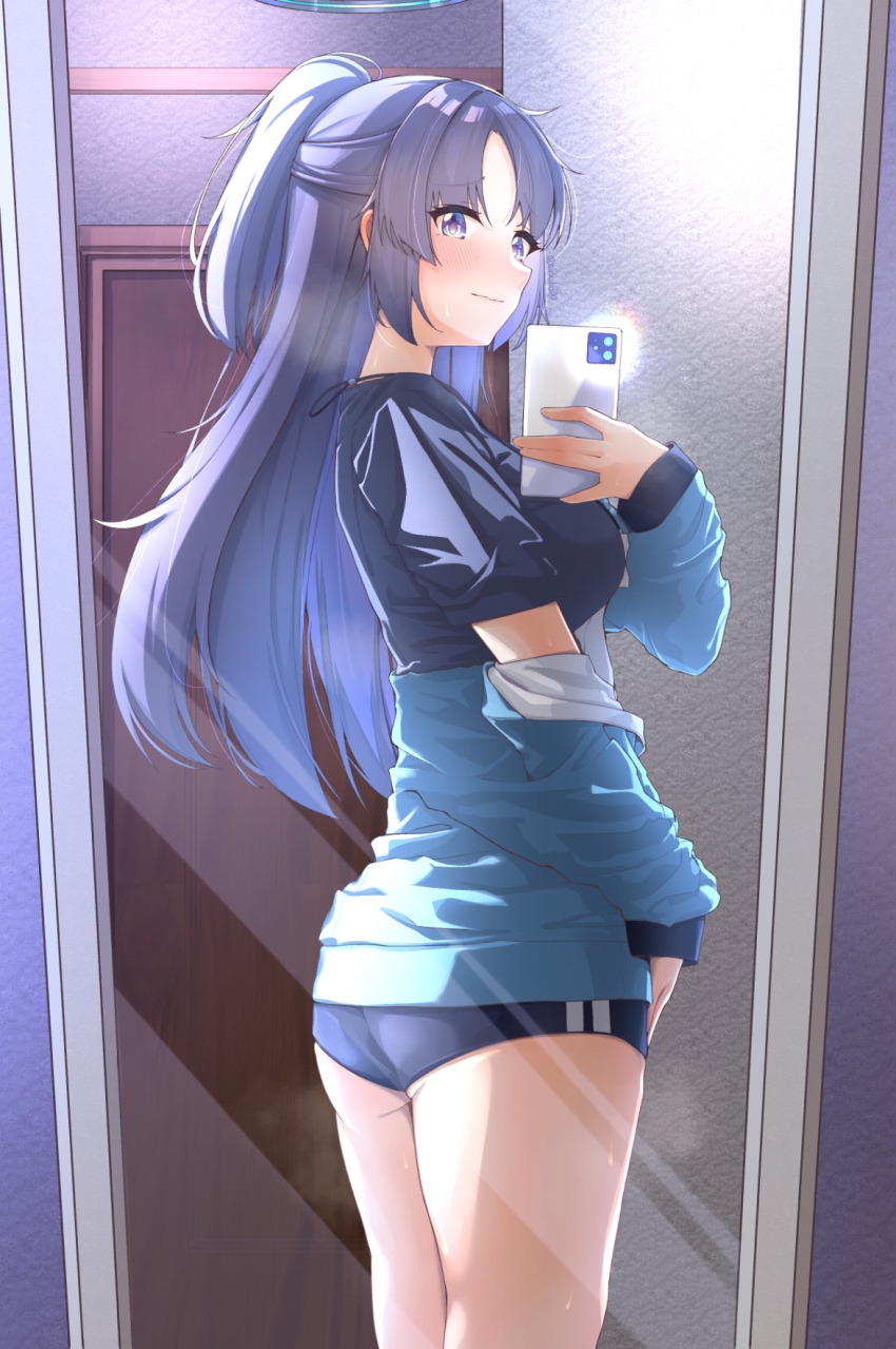 1girl ass black_shirt blue_archive blue_buruma blue_jacket blush breasts buruma feet_out_of_frame half_updo halo highres holding holding_phone indoors jacket jacket_partially_removed kagin_(kagou_shita_nanika) looking_to_the_side medium_breasts mirror mirror_selfie official_alternate_costume phone ponytail purple_eyes purple_hair selfie shirt smile solo track_jacket yuuka_(blue_archive) yuuka_(track)_(blue_archive)