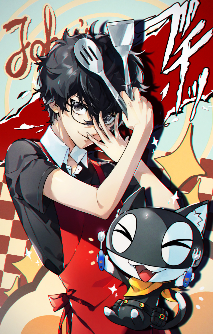 &gt;_&lt; 1boy :3 alternate_costume amamiya_ren animal_ears apron bandana bandana_around_neck black_eyes black_hair black_shirt cat_ears cat_tail eyelashes fangs fork glasses highres holding holding_fork holding_spatula holding_spoon male_focus mask morgana_(persona_5) open_mouth persona persona_5 polo_shirt red_apron shirt short_hair smile spatula spoon tail themoonrabbit yellow_bandana