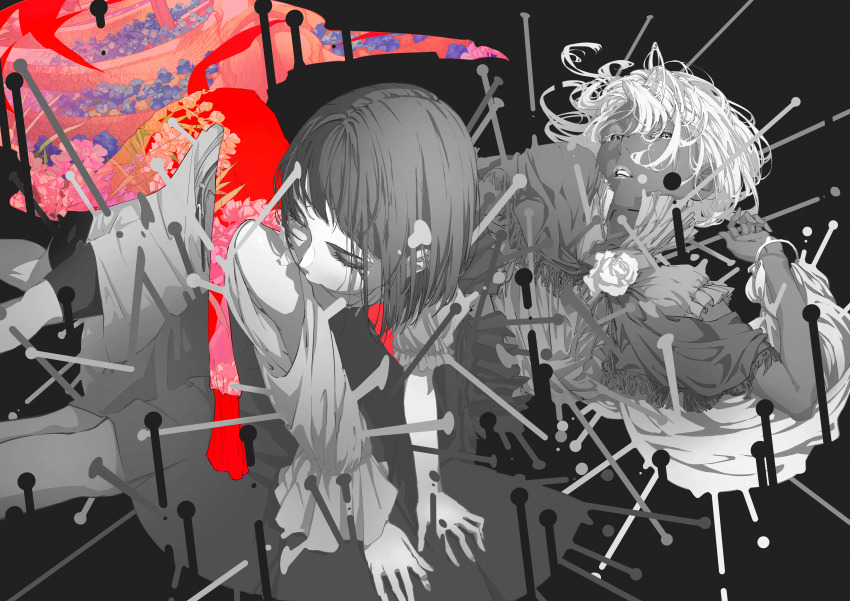 2girls absurdres bike_shorts black_background blanket blue_flower commentary_request dark-skinned_female dark_skin flower greyscale highres limited_palette long_sleeves looking_at_viewer lying monochrome multiple_girls nico-tine on_side original parted_lips rose shawl shirt short_hair