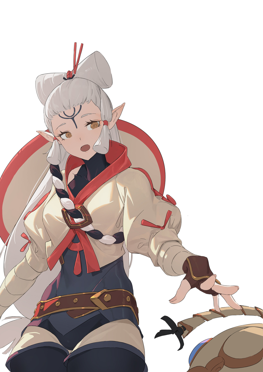 1girl breasts collarbone eye_symbol facial_mark fingerless_gloves forehead_mark forehead_tattoo gloves hat_on_back highres huang_(volt0526) hyrule_warriors hyrule_warriors:_age_of_calamity impa long_hair medium_breasts nintendo open_mouth pointy_ears sheikah solo the_legend_of_zelda the_legend_of_zelda:_breath_of_the_wild white_background white_hair yellow_eyes aged_down