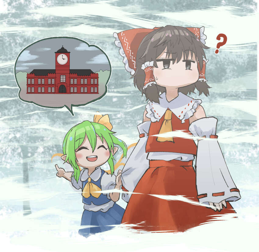 2girls ? absurdres ascot black_eyes blue_dress blush bow brown_hair chamaji clock clock_tower closed_eyes daiyousei detached_sleeves dress fairy fairy_wings fog frilled_bow frilled_hair_tubes frills green_hair hair_bow hair_ribbon hair_tubes hakurei_reimu highres long_hair multiple_girls no_mouth open_mouth pointing puffy_short_sleeves puffy_sleeves raised_eyebrow red_bow red_skirt ribbon ribbon-trimmed_sleeves ribbon_trim scarlet_devil_mansion shirt short_hair short_sleeves side_ponytail skirt skirt_set smile teeth touhou tower upper_teeth_only whispered_oracle_of_hakurei_shrine wings yellow_ascot