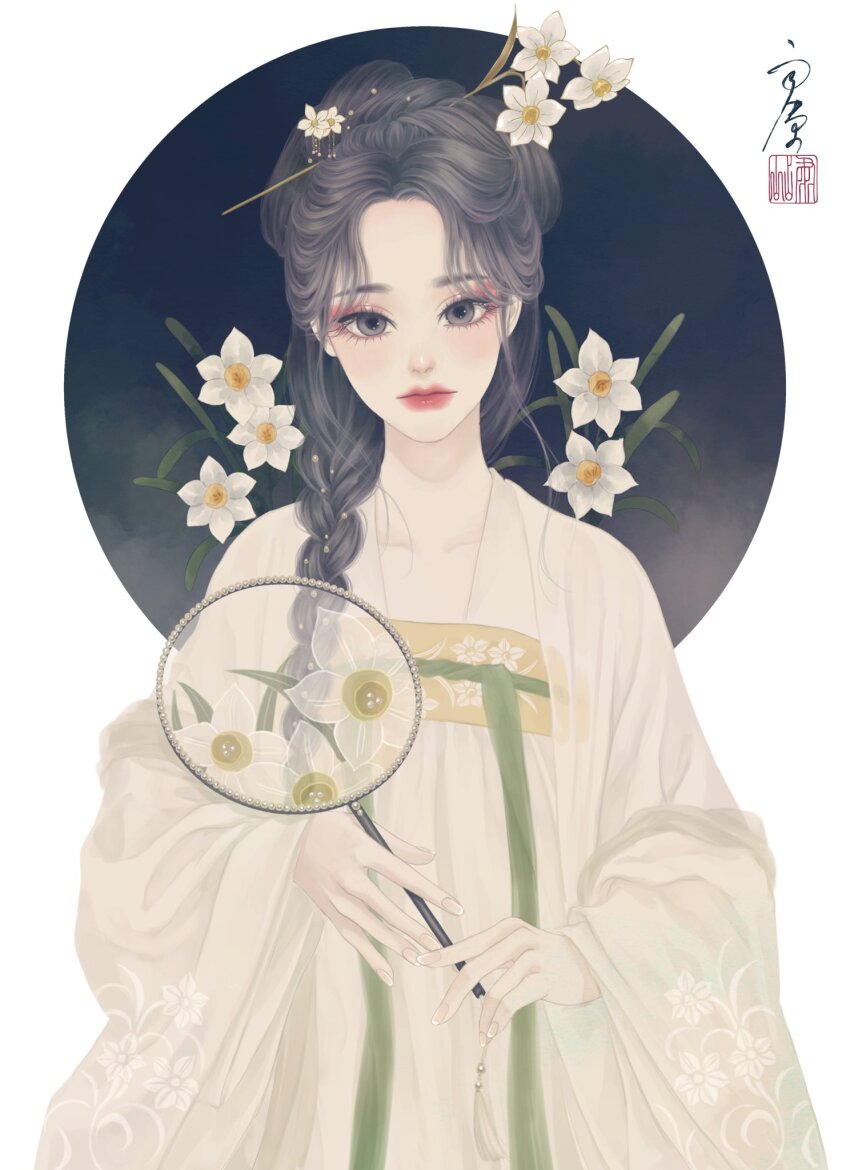 1girl braid chinese_clothes closed_mouth collarbone daffodil eyeshadow fingernails floral_print flower green_ribbon grey_eyes grey_hair hair_flower hair_ornament hand_fan hanfu highres holding holding_fan lips long_hair long_sleeves looking_at_viewer makeup original pale_skin paper_fan parted_bangs qixiong_ruqun red_eyeshadow ribbon robe ruqun seal_impression signature single_braid solo standing straight-on uchiwa upper_body ushiyama_ame white_flower white_robe wide_sleeves