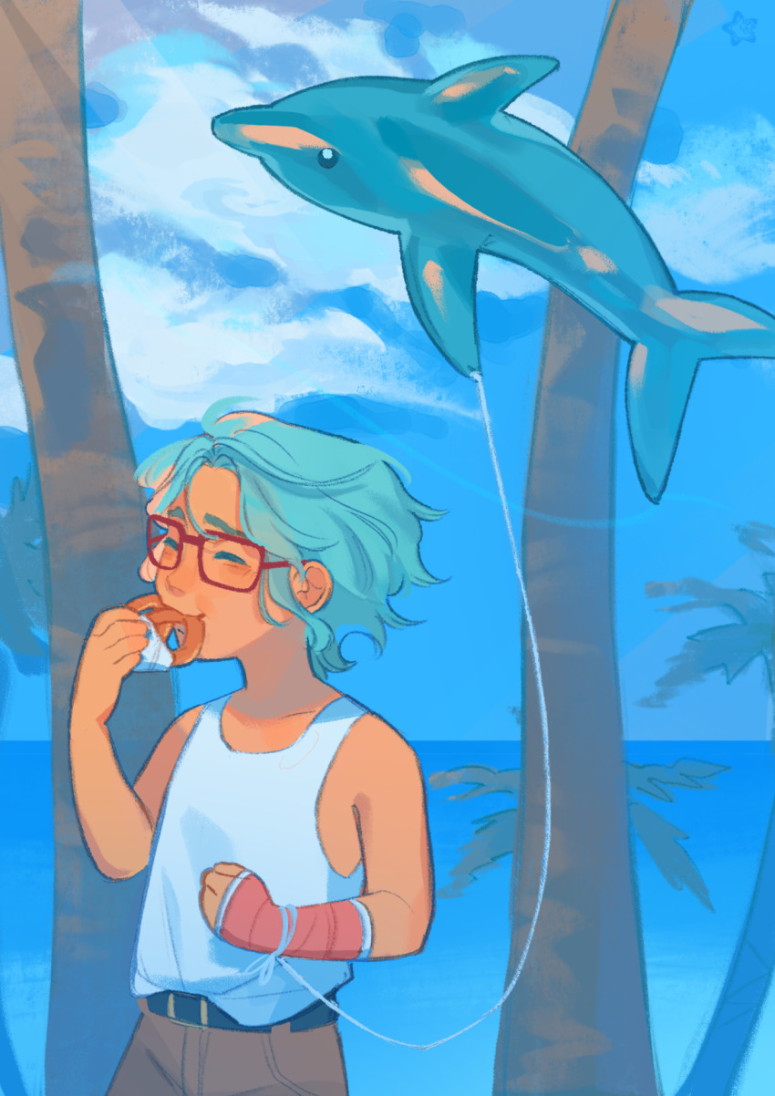 1boy animal_balloon arm_cast arm_up balloon bandaged_arm bandages beach belt blue_hair blue_sky cast closed_eyes cloud cloudy_sky cove_holden day eating food glasses highres holding holding_balloon horizon male_focus moonfloat our_life:_beginnings_and_always palm_tree pretzel second-party_source short_hair sky smile solo swept_bangs tan tank_top tree upper_body walking