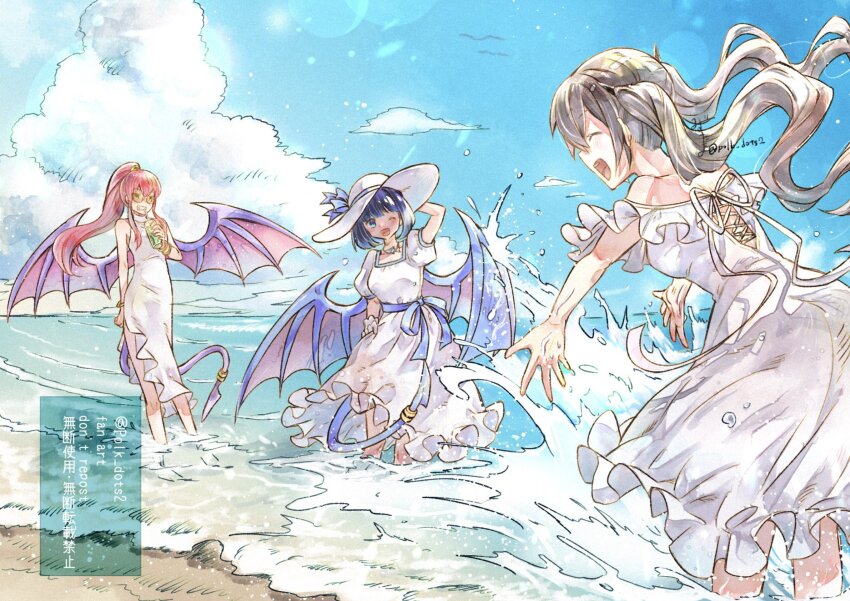 3girls bare_shoulders beach blue_eyes blue_hair breasts brown_hair closed_eyes commission cup demon_girl demon_tail demon_wings dress drinking_straw duel_monster evil_twin_ki-sikil evil_twin_lil-la hat high_ponytail highres holding holding_cup i:p_masquerena ki-sikil_(yu-gi-oh!) lil-la_(yu-gi-oh!) long_hair medium_breasts medium_hair mizutama_(mizutamalion) multiple_girls ocean one_eye_closed open_mouth orange-tinted_eyewear ponytail red_hair short_hair skeb_commission sleeveless sleeveless_dress splashing sun_hat sunglasses tail tinted_eyewear twintails water white_dress white_hat wings yu-gi-oh!