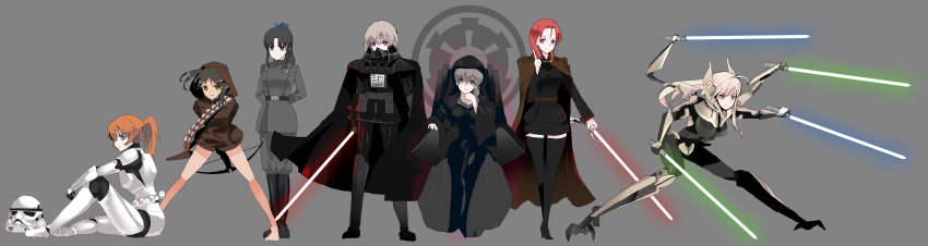 6+girls absurdres bad_id bad_pixiv_id bandolier belt black_hair blonde_hair blue_eyes boots bow_(weapon) brown_eyes brown_hair cape charlotte_e._yeager chewbacca chewbacca_(cosplay) cloak cosplay count_dooku count_dooku_(cosplay) crossbow crossover darth_vader darth_vader_(cosplay) eila_ilmatar_juutilainen energy_sword francesca_lucchini general_grievous general_grievous_(cosplay) grand_moff_tarkin_(cosplay) green_eyes hair_ribbon hanna-justina_marseille hattori_shizuka helmet highres lightsaber long_hair long_image lynette_bishop minna-dietlinde_wilcke multiple_girls palpatine palpatine_(cosplay) pink_hair ponytail purple_eyes red_eyes red_hair ribbon sitting star_wars stormtrooper strike_witches sword thighhighs weapon wide_image grand_moff_tarkin world_witches_series yatsuhashi_kakera yellow_eyes