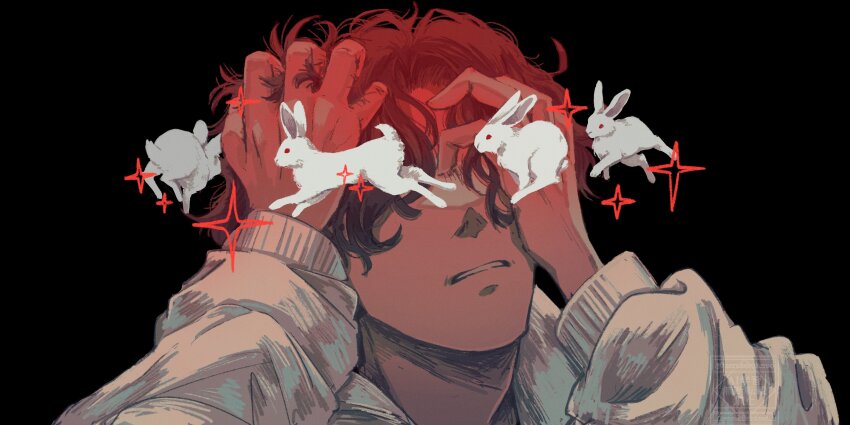 1boy absurdres animal black_background clenched_teeth commentary_request curtained_hair hand_in_own_hair hand_on_own_face highres hood hoodie kaerukerokeroo long_sleeves male_focus original rabbit running short_hair simple_background sparkle teeth upper_body wavy_hair white_hoodie white_rabbit_(animal)