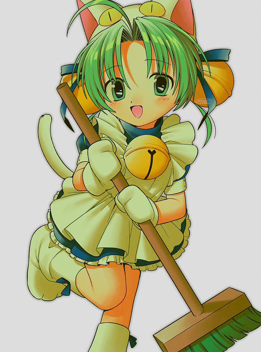 1girl :d absurdres ahoge animal_hat apron bell blue_dress blue_ribbon broom cat_girl cat_hat cat_tail dejiko di_gi_charat dress footwear_ribbon green_eyes green_hair hair_bell hair_ornament hair_ribbon hat highres holding holding_broom jingle_bell looking_at_viewer menma_(enaic31) mittens neck_bell open_mouth parted_bangs paw_shoes puffy_short_sleeves puffy_sleeves ribbon shoes short_hair short_sleeves signature smile solo tail white_apron white_hat white_mittens white_shoes
