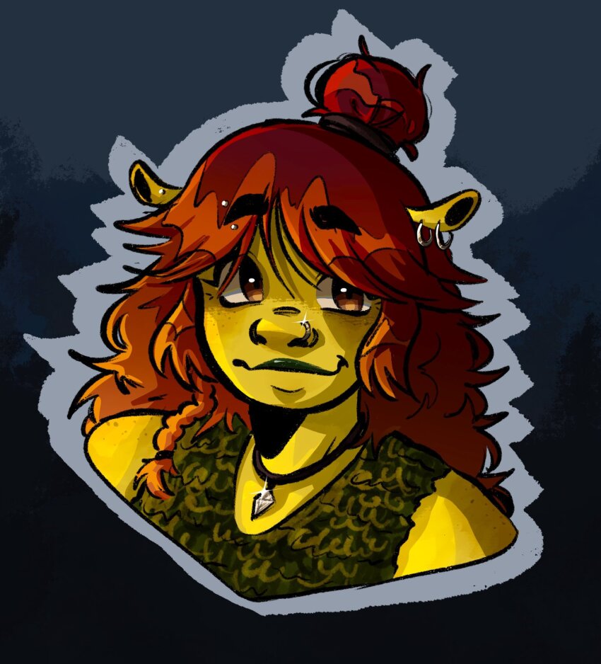1girl brown_eyes brown_hair colored_skin felicia_(shrek) fizzypawn green_shirt green_skin highres jewelry long_hair looking_at_viewer necklace nose_piercing nose_ring ogre piercing portrait shirt shrek_(series) shrek_5 sleeveless sleeveless_shirt solo