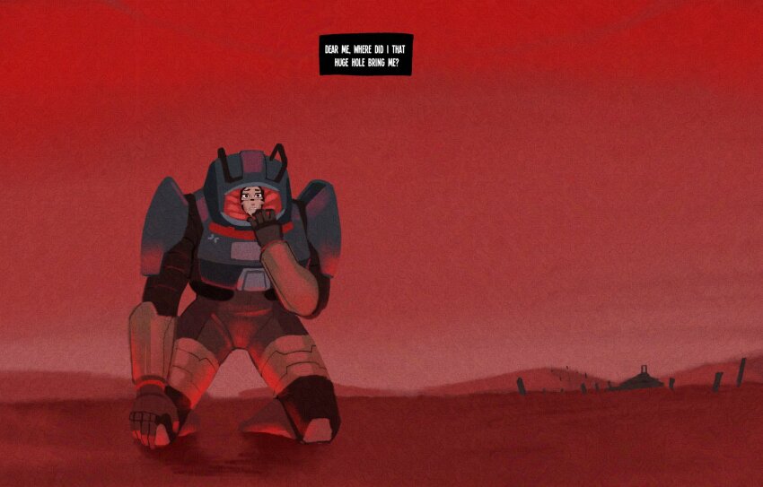 1girl android armor commentary english_commentary english_text full_armor furrowed_brow gretarting hand_to_own_mouth highres kneeling mynah_(signalis) power_armor red_theme signalis solo worried